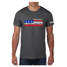 Load image into Gallery viewer, HEROIC &quot;USA Flag&quot; Motorcycle Road Racing Heather Grey Red White and Blue TShirt